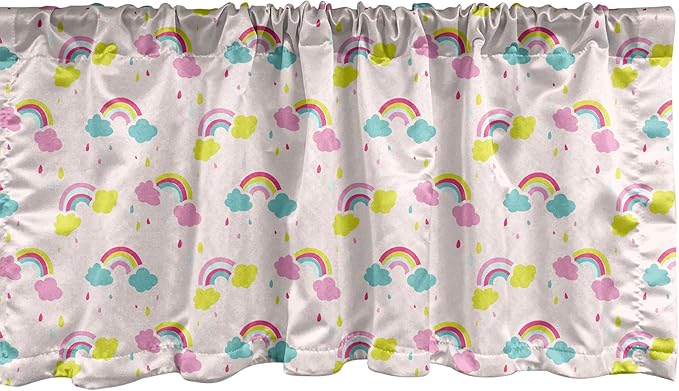 Ambesonne Cartoon Window Valance Pack of 2, Pastel Rainbows Clouds Raindrops Sky Theme, Rod Pocket Curtain Valances for Kitchen Bedroom, 54" X 18", Rose and Multicolor