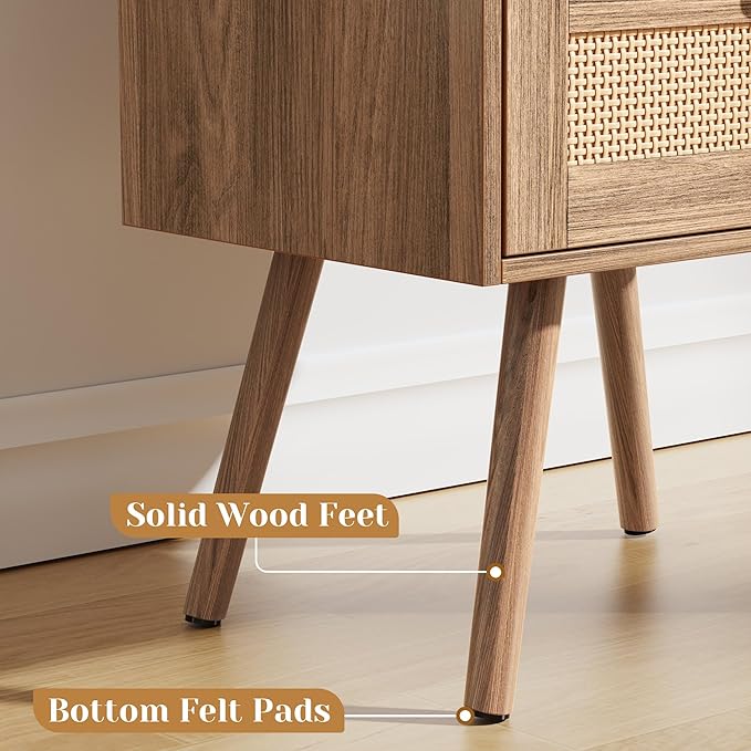 SUPERJARE Nightstands Set of 2, Night Stands with Charging Station & PE Rattan Decor Drawer, Bed Side Tables with Solid Wood Feet, End Table, for Bedroom, Living Room, Walnut
