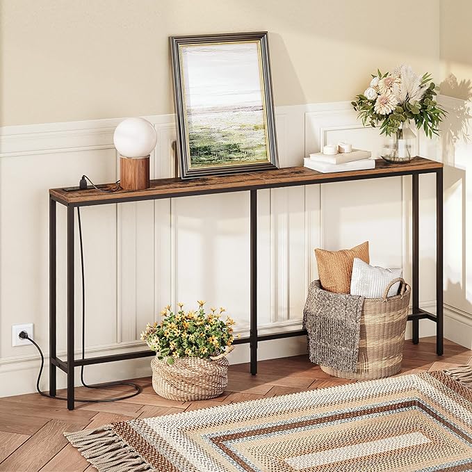 63" Console Table with Power Outlet, Narrow Sofa Industrial Entryway Behind Couch Table with USB Ports for Entryway, Hallway, Foyer, Living Room, Bedroom, Rustic Brown CTHR16E01Z