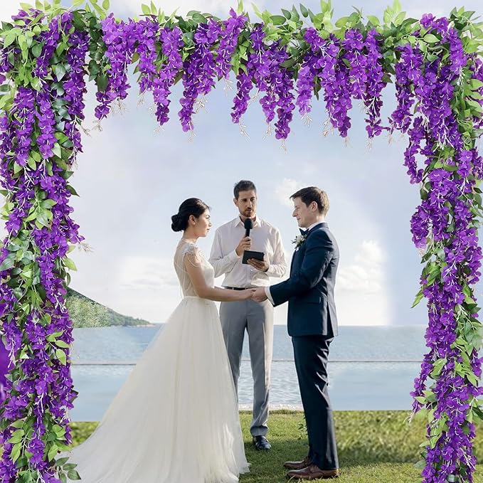 Wisteria Artificial Flowers Garland, 8Pcs Total 57.6ft Silk Faux Wisteria Vine Kit, Hanging Flower Plant for House Outdoor Garden Ceremony Outside Wedding Arch Floral Decor (8, Purple)