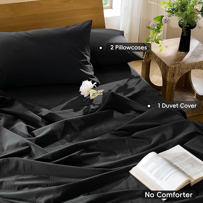 MooMee Bedding Duvet Cover Set 100% Washed Cotton Linen Like Textured Breathable Durable Soft Comfy (Solid Black, Queen 90"x90")