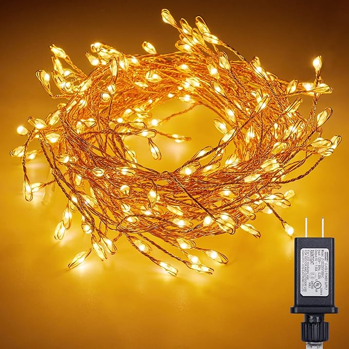 2Pcs Fairy Lights Plug in, 10Ft 200LED Copper Wire Firecracker Firefly Lights Waterproof Cluster String Lights for Ceiling Bedroom Wreath Window Wedding Christmas Tree Decor, Warm White (No Remote)