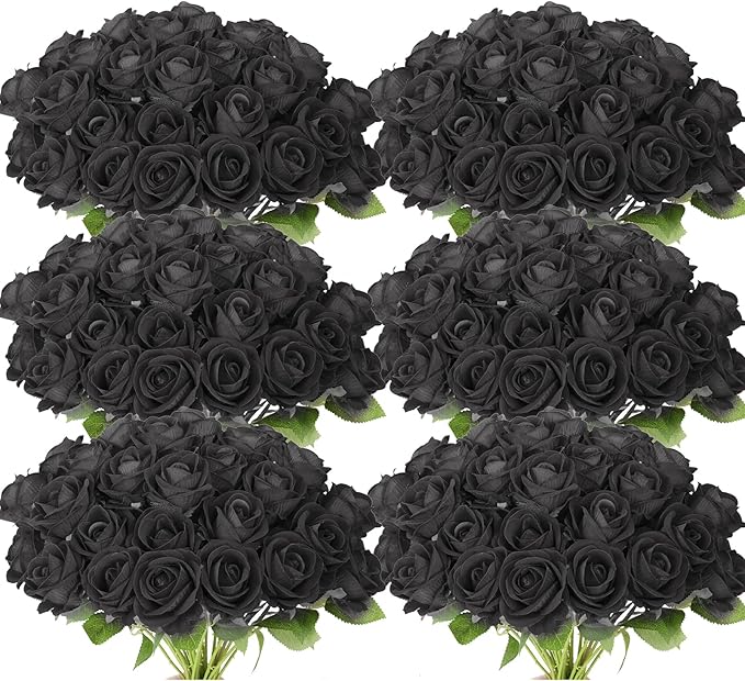 52 PCS Black Artificial Roses Bulk, Fake Artificial Flowers Bridal Bouquet Silk Faux Rose with Stems for Wedding Flowers Decoration, Valentine's Day, Bridal Bouquet, Anniversary, Home Decor (52PCS)