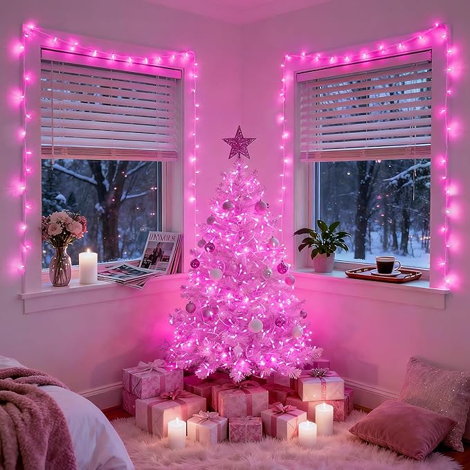 JMEXSUSS 33ft 100 LED Pink Christmas Lights, Pink Battery Operated Lights with 8 Modes Remote, Indoor Outdoor String Light for Bedroom Christmas Party Tree Decorations