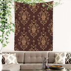 Batmerry Brown Damask Floral Tapestry, Vintage Golden Brown Damask Pattern Wall Art Hanging Decoration Polyester Fiber White Ruffled Around for Dorm Room Bedroom Living Room, 82.7x59.1 inches