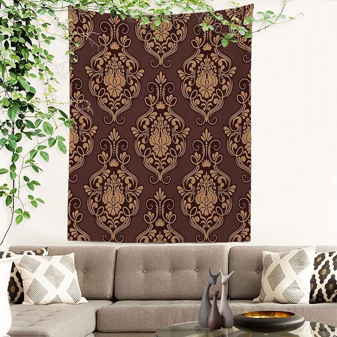 Batmerry Brown Damask Floral Tapestry,Vintage Golden Brown Damask Pattern Wall Art Hanging Decoration Polyester Fiber White Ruffled Around for Dorm Room Bedroom Living Room, 59.1x39.4 inches