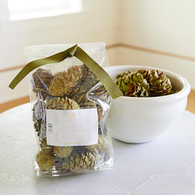 Hillhouse Naturals Cedar & Pine 8oz Potpourri Green Pine Cones. Our Potpourri Combines The Fresh Scent of Pine with a Subtle hint of Cedar and Citrus Peel. Made in The USA.
