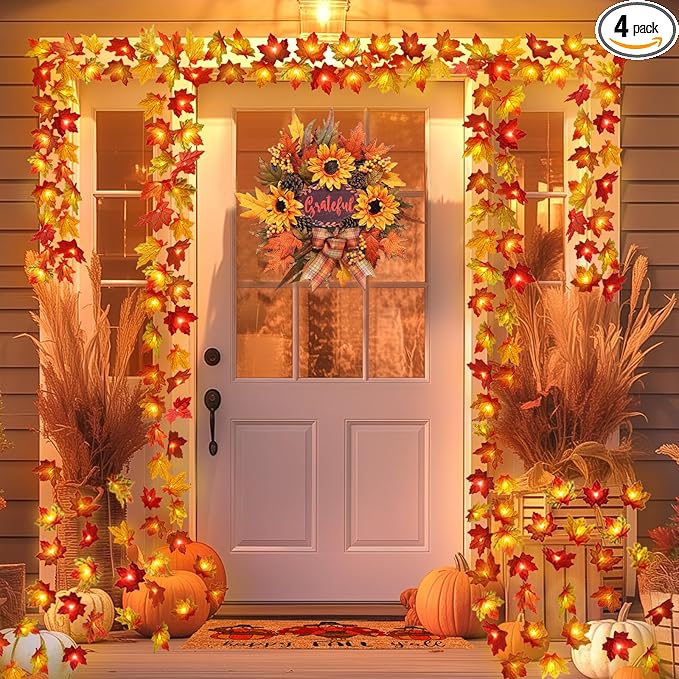 4 Pack Thanksgiving Decorations Maple Leaf Pumpkin Lights, Total 40Ft 80 LED Battery Operated 3D Pumpkin Fall Leaves Garland String Lights for Home Mantel Table Porch Door Indoor Outdoor Fall Decor