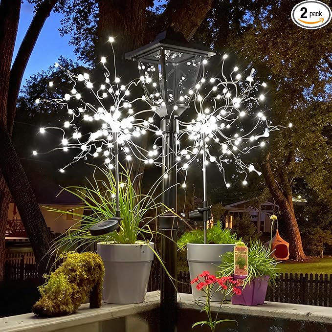 Anordsem Solar Lights Outdoor Decorative: Bendable Copper Wire with 120 LED Firework Beads - Waterproof DIY White Fun Decorating Yard Garden Patio - Christmas Gifts for Homeowner Over 30