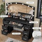 usikey 43.3" Vanity Desk with Large Lighted Mirror, Makeup Vanity Table with 7 Drawers & 10 Lights Bulbs, 3 Lighting Colors, Make Vanity Desk, Vanity Table for Women Girls, Black