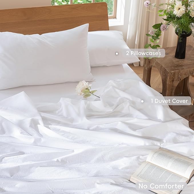 MooMee Bedding Duvet Cover Set 100% Washed Cotton Linen Like Textured Breathable Durable Soft Comfy (Solid Bright White, Oversized Full 82"x86")
