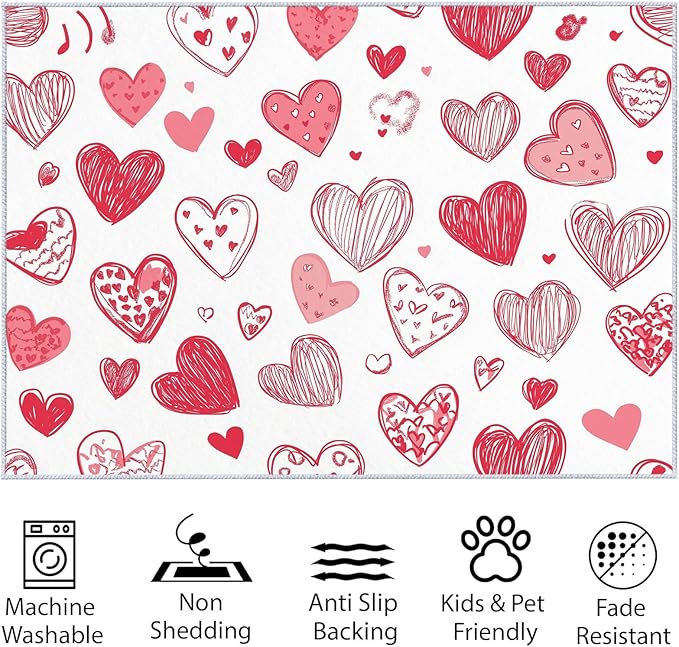 Washable Area Rug 6x9 ft Cartoon Hand-Painted Red Love 3D Print Area Rug for Living Room Bedroom Kids Room Home Decor Carpet, Indoor Non-Slip Floor Rug Mat, Low Pile Rugs