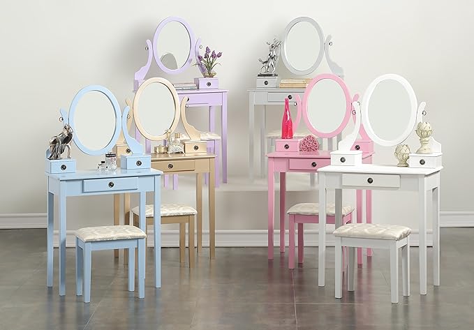 Roundhill Furniture Moniys Wood Moniya Makeup Vanity Table and Stool Set, Gold