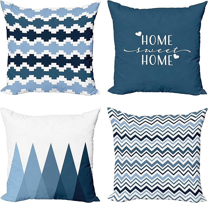 Ambesonne Modern Throw Pillow Cushion Case Pack of 4, Geometric Style Pattern of Triangles Zigzags Love Home Phrase Design, Modern Accent Double-Sided Digital Printing, 18", Petrol Blue and White