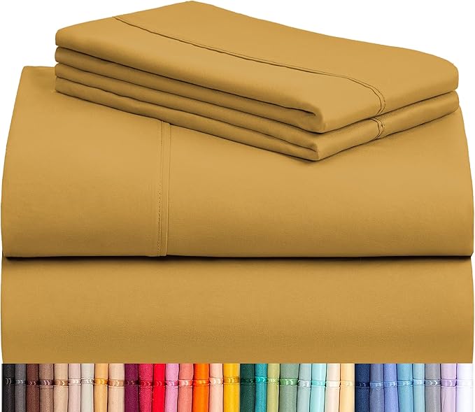 LuxClub 4 PC Queen Sheet Set, Deep Pockets Wrinkle Free Cooling Bed Sheets Hotel Bedding for Women, Men, Kids & Teens, Includes 1 Fitted Sheet, 1 Flat Sheet and 2 Pillowcases - Medallion Gold