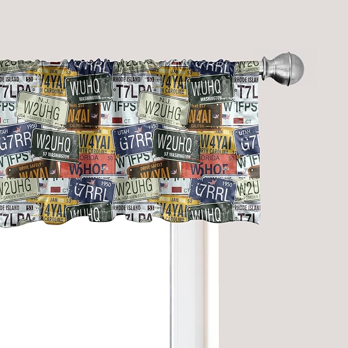 Ambesonne Vintage Window Valance, Original Retro Style License Plates Personalized Creative Travel Vacation, Curtain Valance for Kitchen Bedroom Decor with Rod Pocket, 54" X 12", Green Blue Yellow