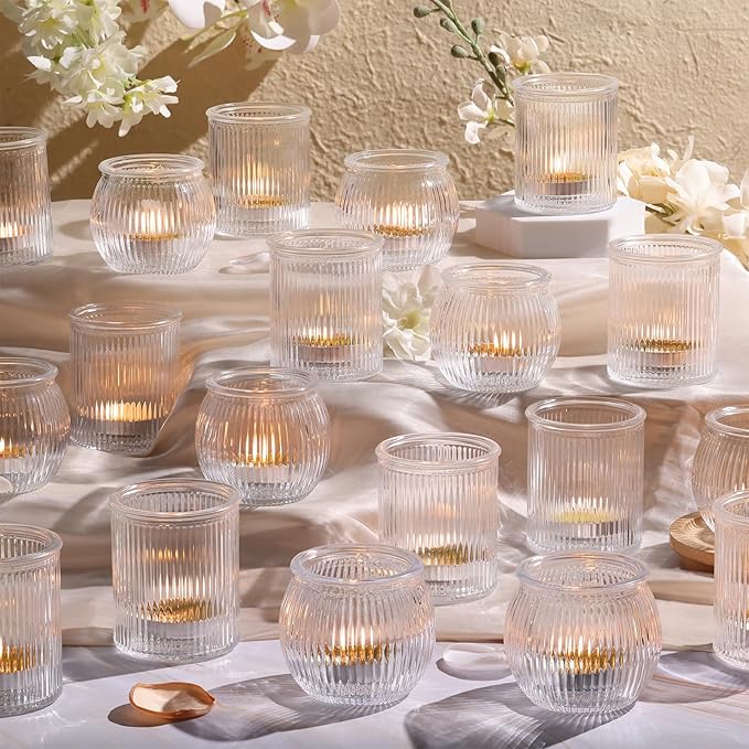 24pcs Assorted Ribbed Votive Candle Holders, Clear Tea Lights Candle Holder for Wedding Decorations, Glass Candle Holder for Table Centerpiece, Party and Holiday Decorations