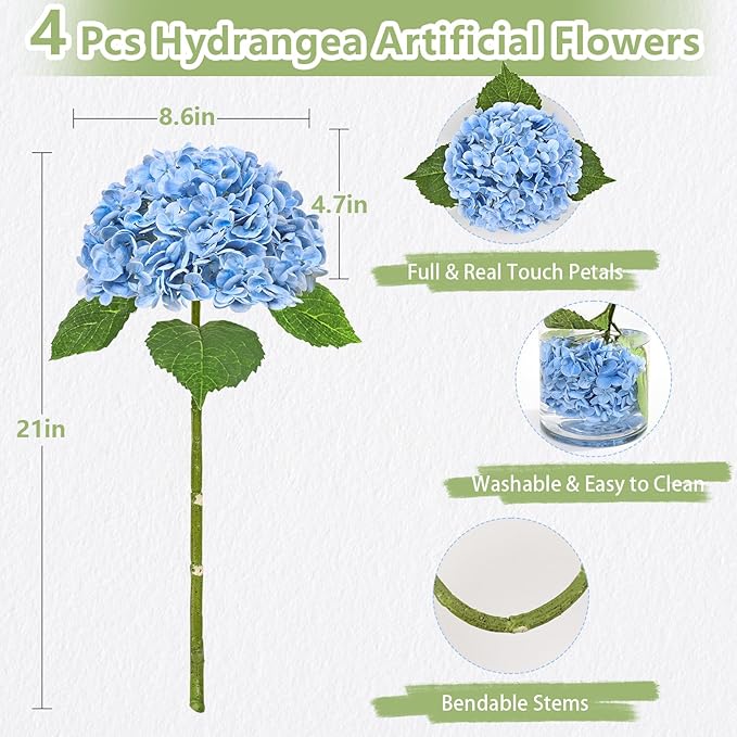 4 Pcs Real Touch Hydrangea Artificial Flowers, 21" Blue Full Faux Hydrangea Flowers Latex Fake Flowers for Home Decor Party Floral Arrangements Wedding Bouquets Centerpieces Outdoor Decor