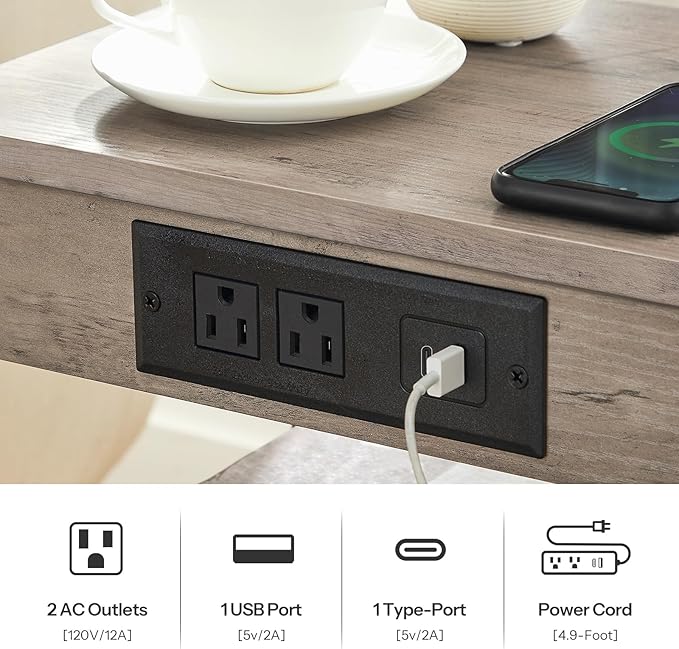 HOOBRO End Tables Set of 2 with Charging Station and USB Port, 3-Tier Nightstands with Adjustable Shelves, Small Side Tables for Small Space in Living Room, Bedroom and Balcony, Greige BG112BZP201