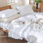 MooMee Bedding Duvet Cover Set 100% Washed Cotton Linen Like Textured Breathable Durable Soft Comfy (Solid Bright White, Oversized Full 82"x86")