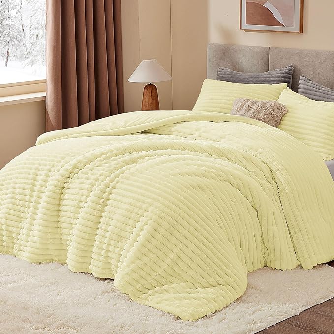 BEDELITE Fleece Queen Comforter Set -Super Soft & Warm Fluffy Transparent Yellow Bedding, Luxury Fuzzy Heavy Bed Set for Winter with 2 Pillow Cases