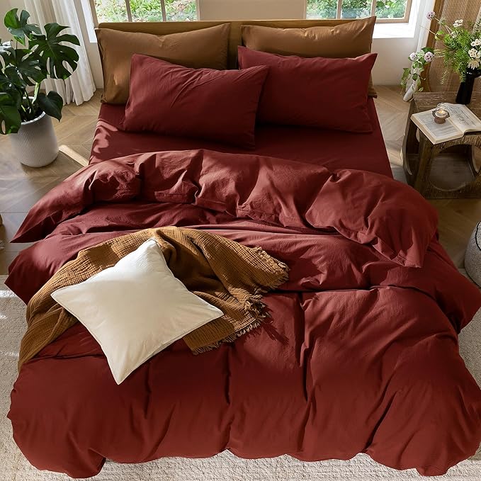 MooMee Bedding Duvet Cover Set 100% Washed Cotton Linen Like Textured Breathable Durable Soft Comfy (Solid Fired Brick Red, Queen 90"x90")