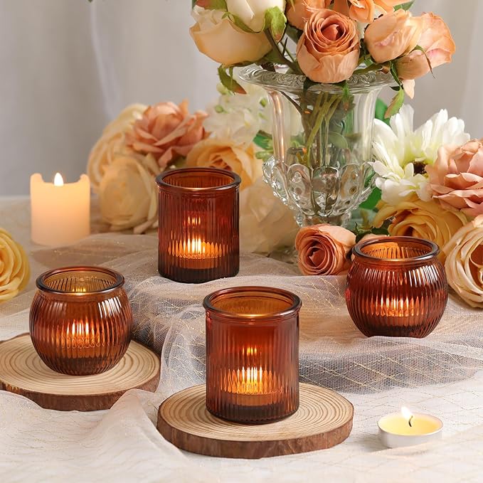 24pcs Assorted Amber Votive Candle Holders for Table Centerpiece, Fall Centerpieces for Tables, Ribbed Tea Lights Candle Holder for Wedding, Holiday and Vintage Decor