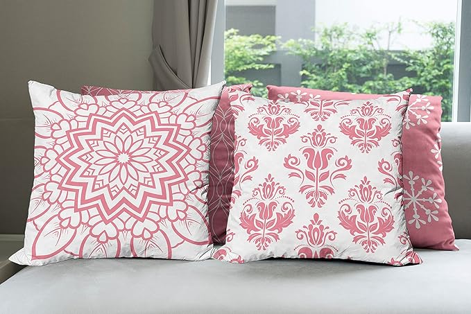 Ambesonne Retro Throw Pillow Cushion Case Pack of 4, Trellis Grid Medieval Floral Damask Mandala Flower Ornament in Modern Monochrome, Modern Accent Double-Sided Digital Printing, 24", Pastel Pink