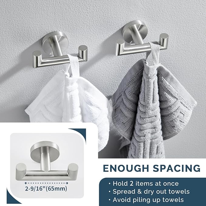 Angle Simple Towel Hook Brushed Nickel 2 PCS, SUS304 Stainless Steel Double Robe Hook, Bathroom Towel Holder, Wall Mount