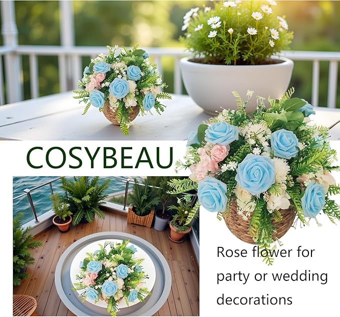 Artificial Rose Flowers 25pcs, Light Blue Foam Fake Rose Faux Flower for Wedding Bouquets Bridal Shower Centerpieces Floral Arrangements Home Decorations Party Backdrops Table
