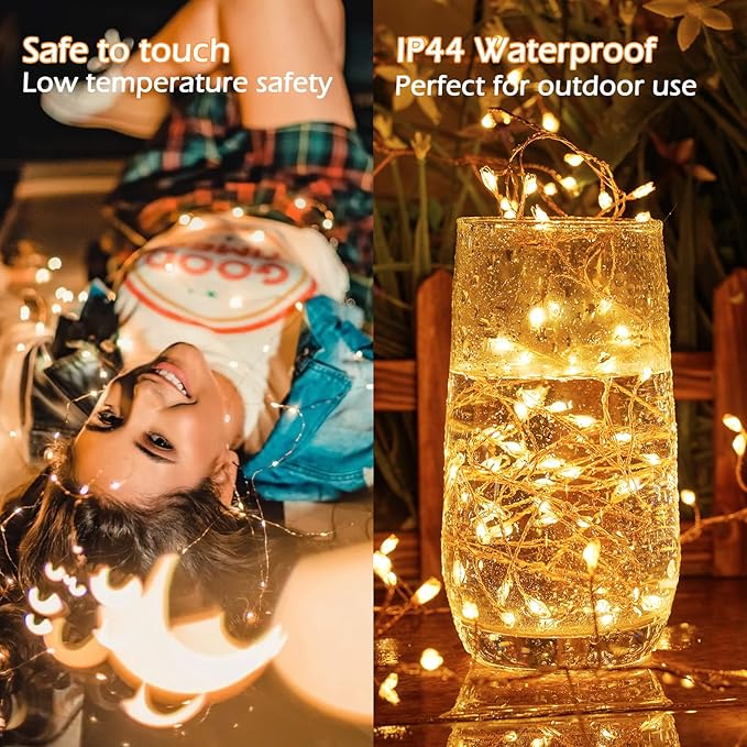 2Pcs Fairy Lights Plug in, 10Ft 200LED Copper Wire Firecracker Firefly Lights Waterproof Cluster String Lights for Ceiling Bedroom Wreath Window Wedding Christmas Tree Decor, Warm White (No Remote)