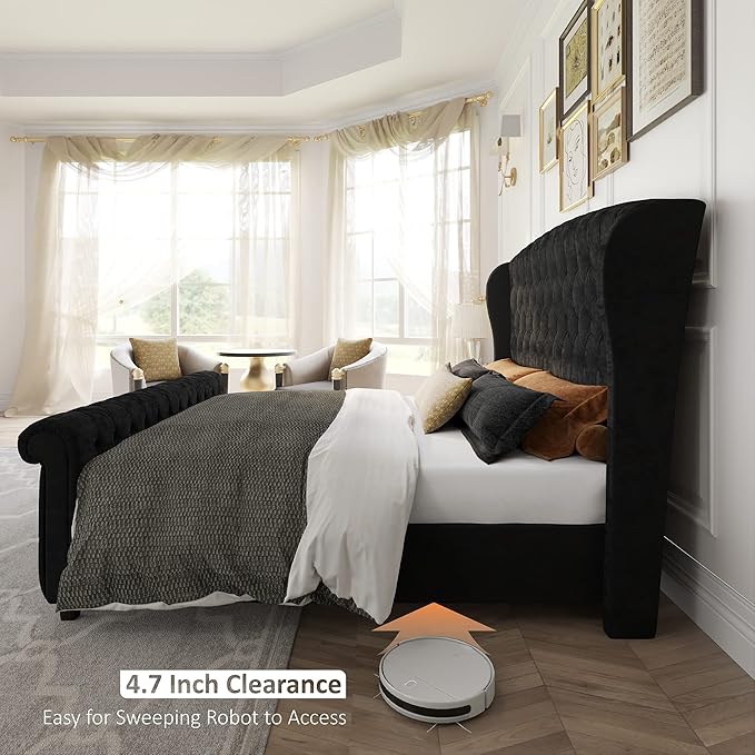AMERLIFE King Size Platform Bed Frame, Velvet Upholstered Sleigh Bed with Scroll Wingback Headboard & Footboard/Button Tufted/No Box Spring Required/Easy Assembly/Black