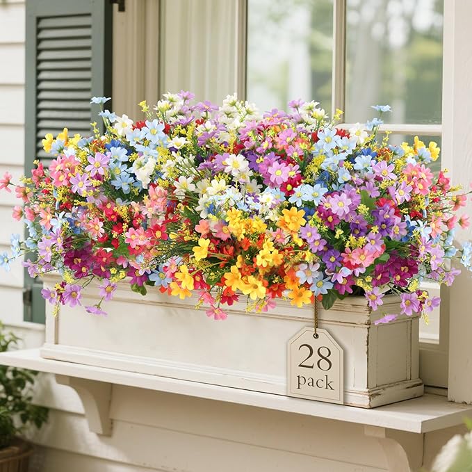 28 Bundles UV Resistant Outdoor Silk Artificial Flowers,7 Colors, Faux Daisy Flowers Hanging Fake Plants for Porch Patio Garden Window Yard Farmhouse Summer Autumn Decoration.