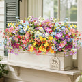 28 Bundles UV Resistant Outdoor Silk Artificial Flowers,7 Colors, Faux Daisy Flowers Hanging Fake Plants for Porch Patio Garden Window Yard Farmhouse Summer Autumn Decoration.