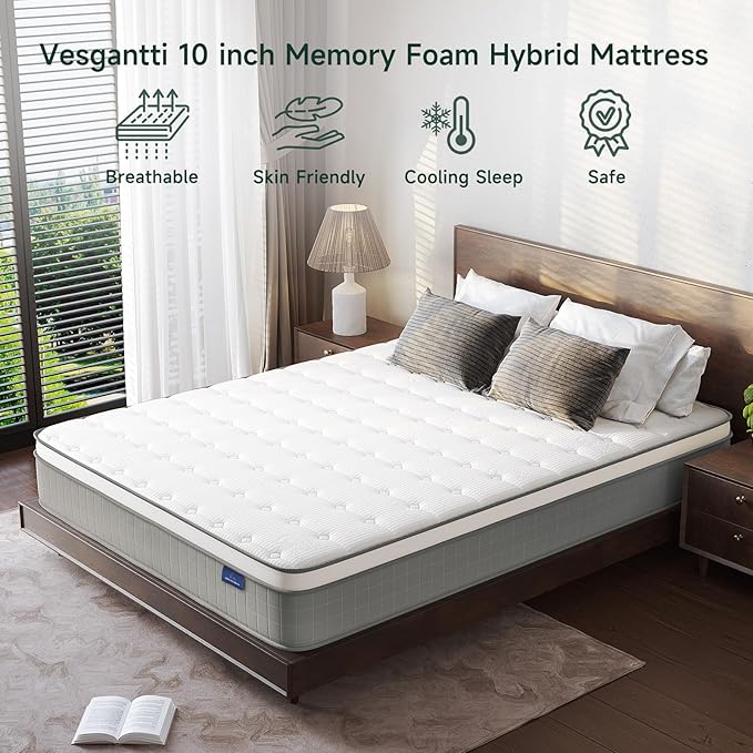 Vesgantti King Size Mattress, 10 inch Innerspring Hybrid Pocket Spring King Bed Mattress in a Box with Memory Foam & Knitted Fabric, Pressure Relief, Medium Firm, Grey