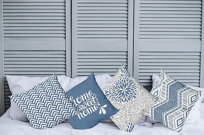 Ambesonne Geometric Throw Pillow Cushion Case Pack of 4, Home Phrase Minimal Zigzag Squama Dahlia Flower Petals Chevron Tribal, Modern Accent Double-Sided Digital Printing, 20", Slate Blue and White