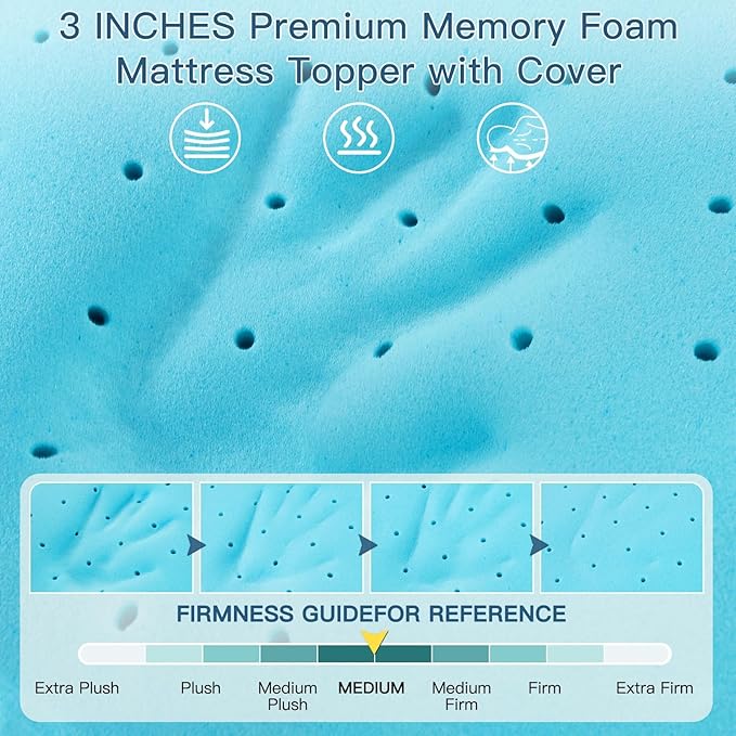 Airensky 3 Inch Memory Foam Mattress Topper, Cooling Gel Infused High Density Cal King (72"x84") Topper with Removable Washable Cover, Bed Topper for Pressure Relief Back Pain, CertiPUR-US Certified