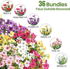 36 Bundles Artificial Flowers for Outdoor Indoor Garden Home Decoration, Look Real for Front Door Porch Patio Yard Balcony, Faux Flower Daisy with Eucalyptus Leaves Fake Plants, 6 Colors