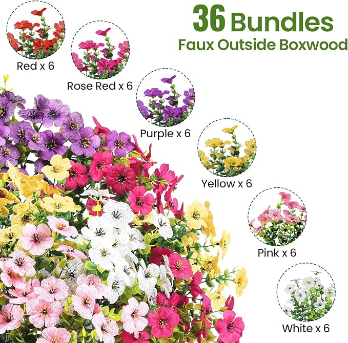 36 Bundles Artificial Flowers for Outdoor Indoor Garden Home Decoration, Look Real for Front Door Porch Patio Yard Balcony, Faux Flower Daisy with Eucalyptus Leaves Fake Plants, 6 Colors