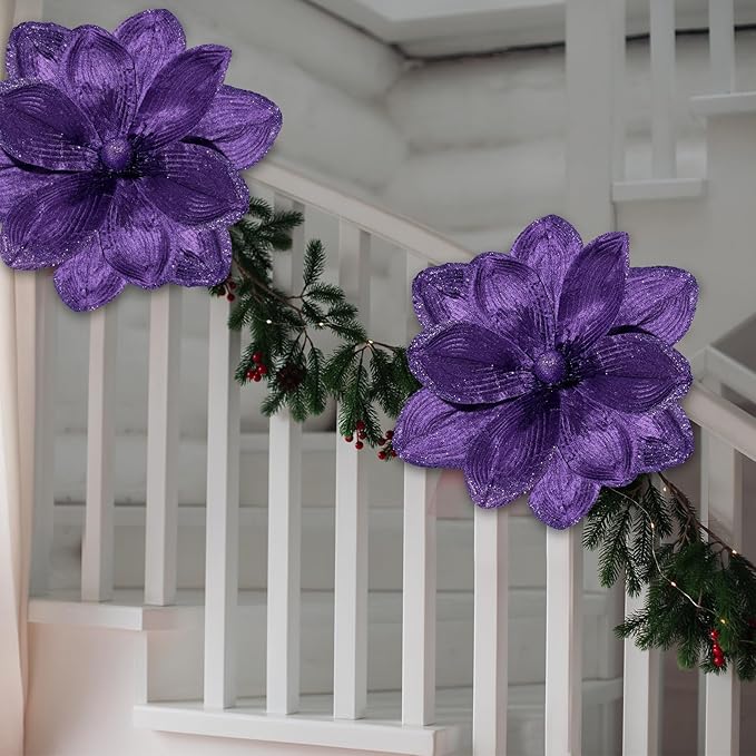 8 Pcs Large Christmas Flower Magnolia Flowers Christmas Tree Decoration Artificial Poinsettia Stems Velvet Xmas Ornaments for Xmas Tree Table Decor(Purple,16 Inch)