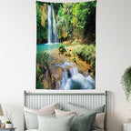 Lunarable Nature Tapestry King Size, Green Forest Waterfall and River Pool Pond Water Source Earth Landscape, Wall Hanging Bedspread Bed Cover Wall Decor, 30" X 45", Pale Brown and Green