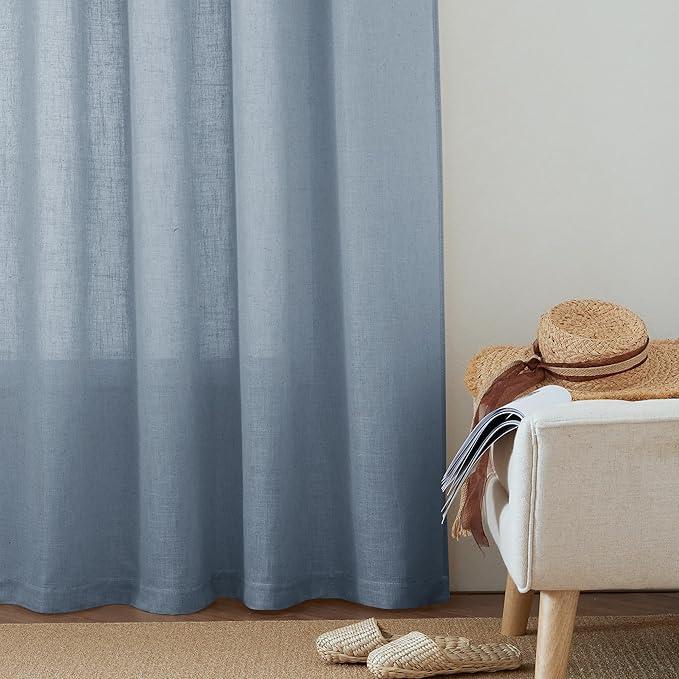 RYB HOME Semi Sheer Linen Curtains 108 inches Long, Light Filtering Airy Machine Washable Durable Vintage Window Decor for Living Room Bedroom Nursery, Dusty Blue, W 60 x L 108, 1 Pc