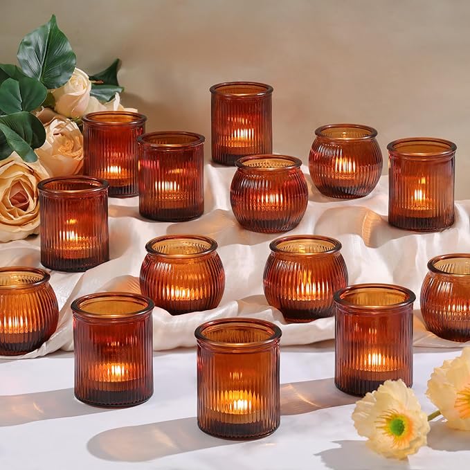 24pcs Assorted Amber Votive Candle Holders for Table Centerpiece, Fall Centerpieces for Tables, Ribbed Tea Lights Candle Holder for Wedding, Holiday and Vintage Decor