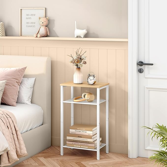 Hoctieon 2-Set 3 Tier End Table, Telephone Table Set of 2, Tall Side Table with Storage Set of 2, Small Nightstand for Small Spaces, Metal Frame, White and Yellow Oak