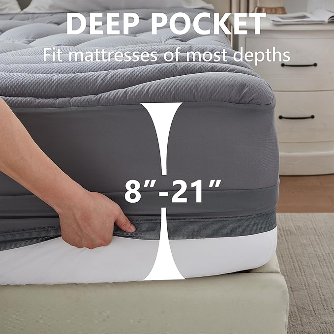 Twin XL Mattress Pad Waterproof, Soft Cooling Mattress Topper for College Dorm, Extra Long Twin Mattress Cover Protector Washable, Deep Pocket 8-21" (39x80 inch, Grey)