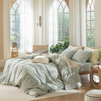 MooMee Bedding Duvet Cover Set 100% Washed Cotton Linen Like Textured Breathable Durable Soft Comfy (Heathered Sage Green, King 104"x90")