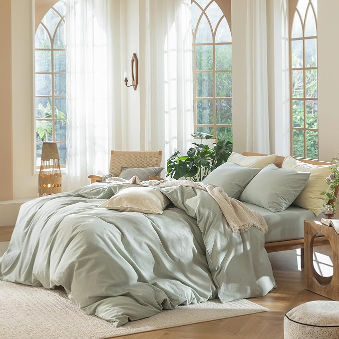 MooMee Bedding Duvet Cover Set 100% Washed Cotton Linen Like Textured Breathable Durable Soft Comfy (Heathered Sage Green, Super Queen 90"x98")