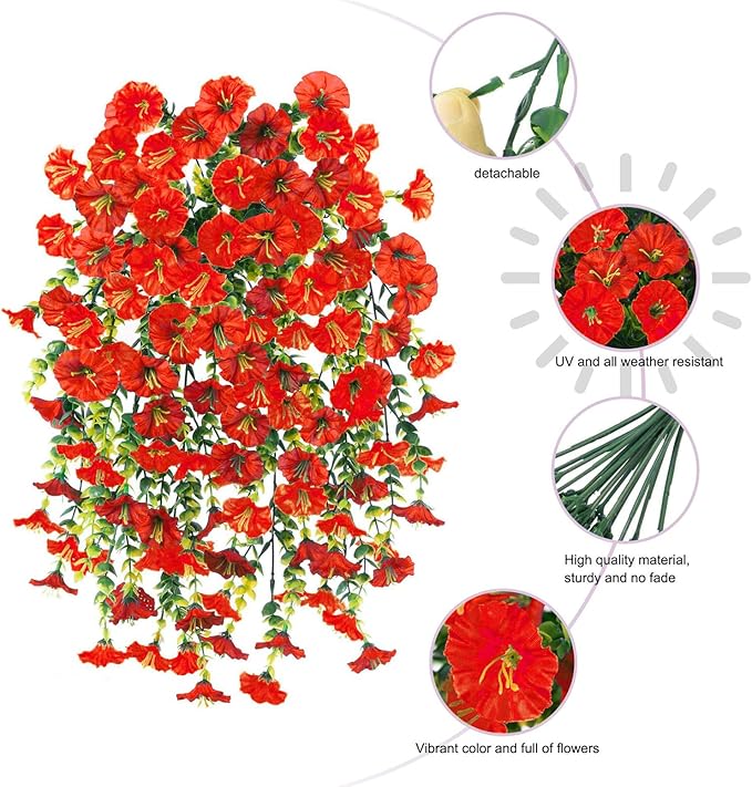 6-Pack Outdoor Faux Plants, 69-Flowered Large Morning Glory, Uv-Resistant Artificial Morning Glory,Perfect for Outdoor Decoration in All Seasons Such as Porches and Gardens (Red)