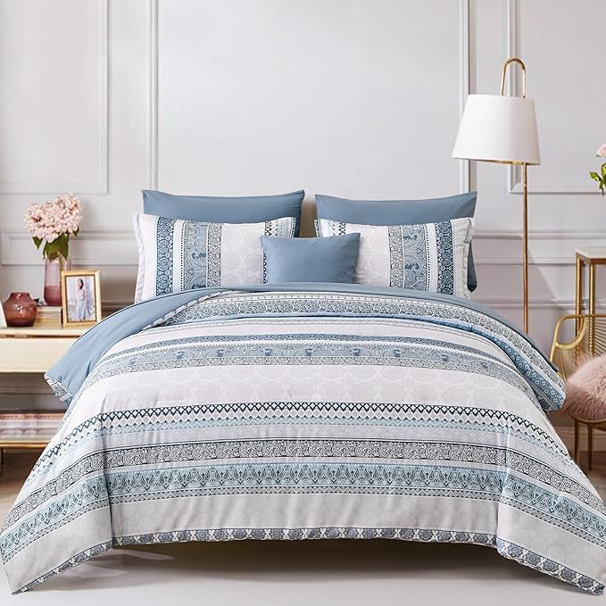 Cottolester Boho Comforter Set King Size Light Blue Comforter Set 8 Piece Bed in a Bag Striped Paisley Bedding Sets