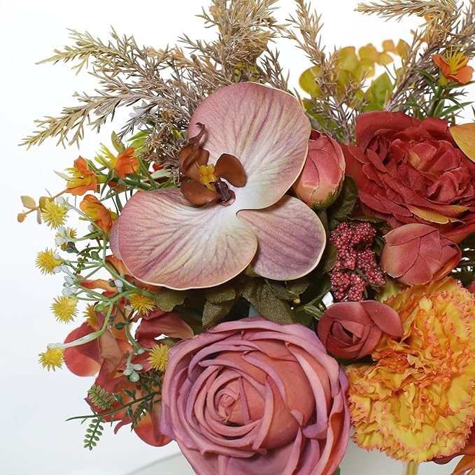 Artificial Orange Carnation and Orchid Flower Arrangement in White Ceramic Vase with Gold Stand (Orange)